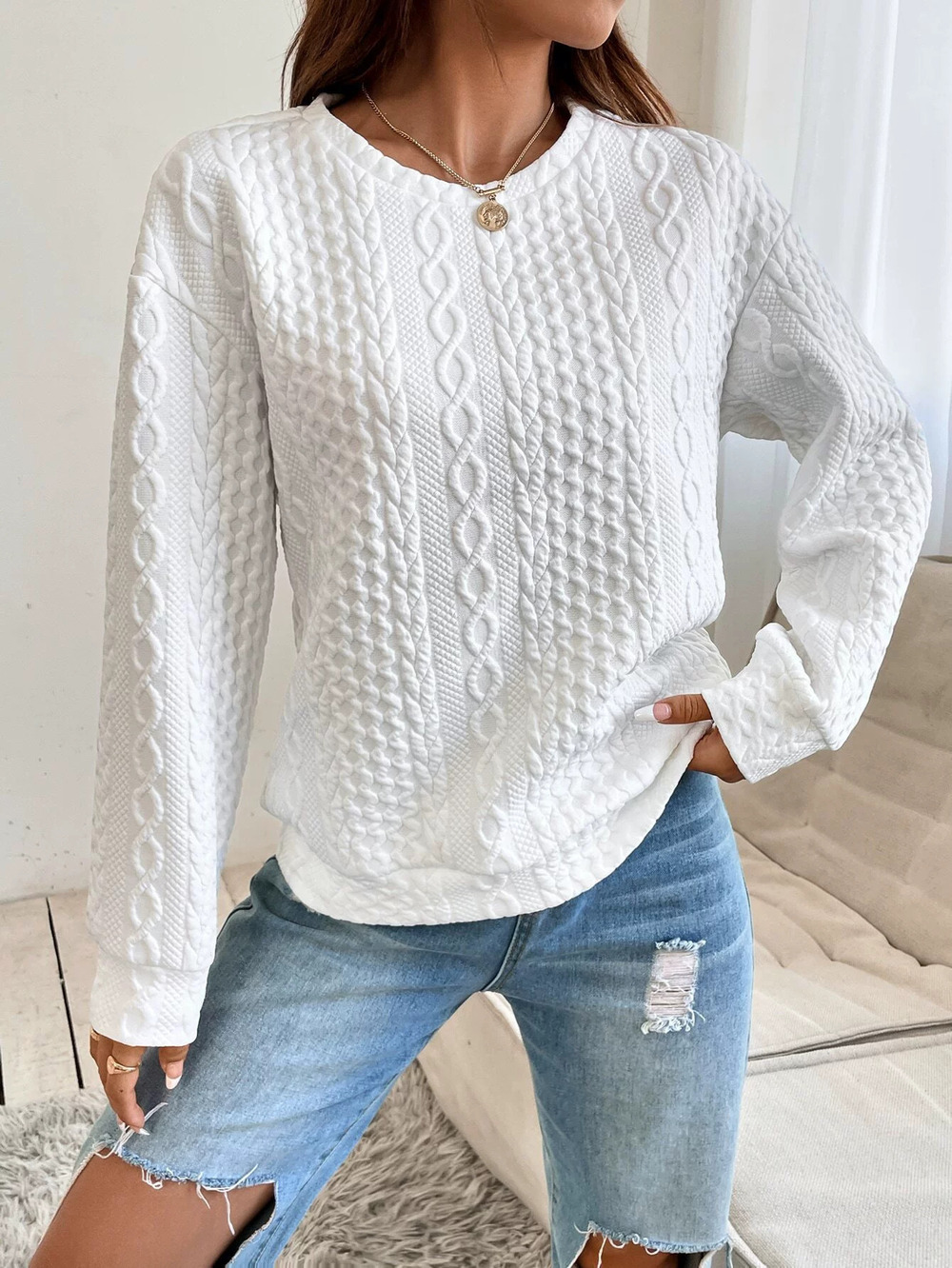 Forever 21 Solid Textured Drop Shoulder Loose Sweatshirt Spring Autumn